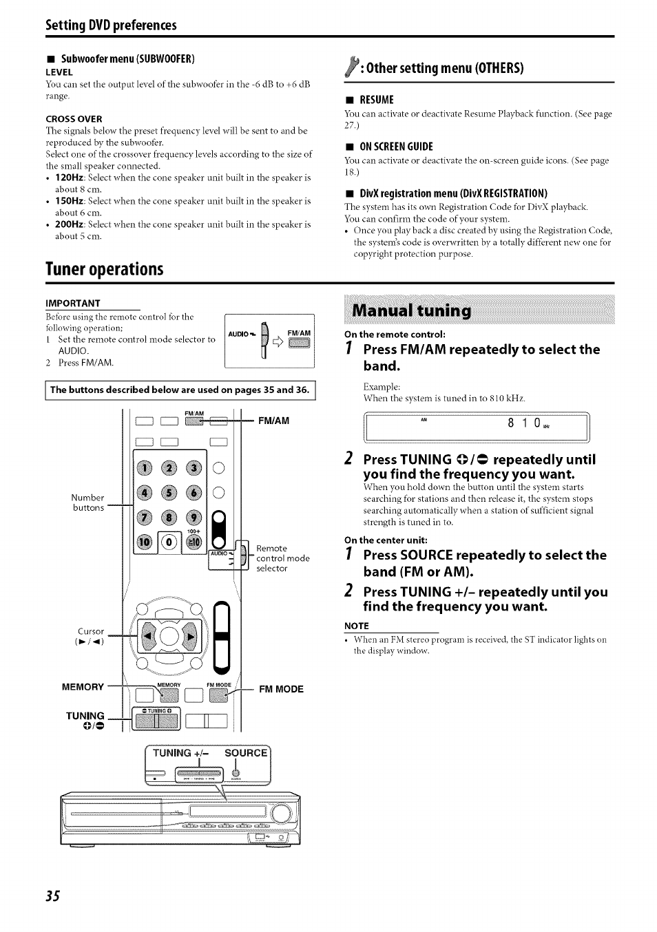 Tuner operations, Manual tuning, Press fm/am repeatedly to select the band | JVC TH-C30 User Manual | Page 38 / 46