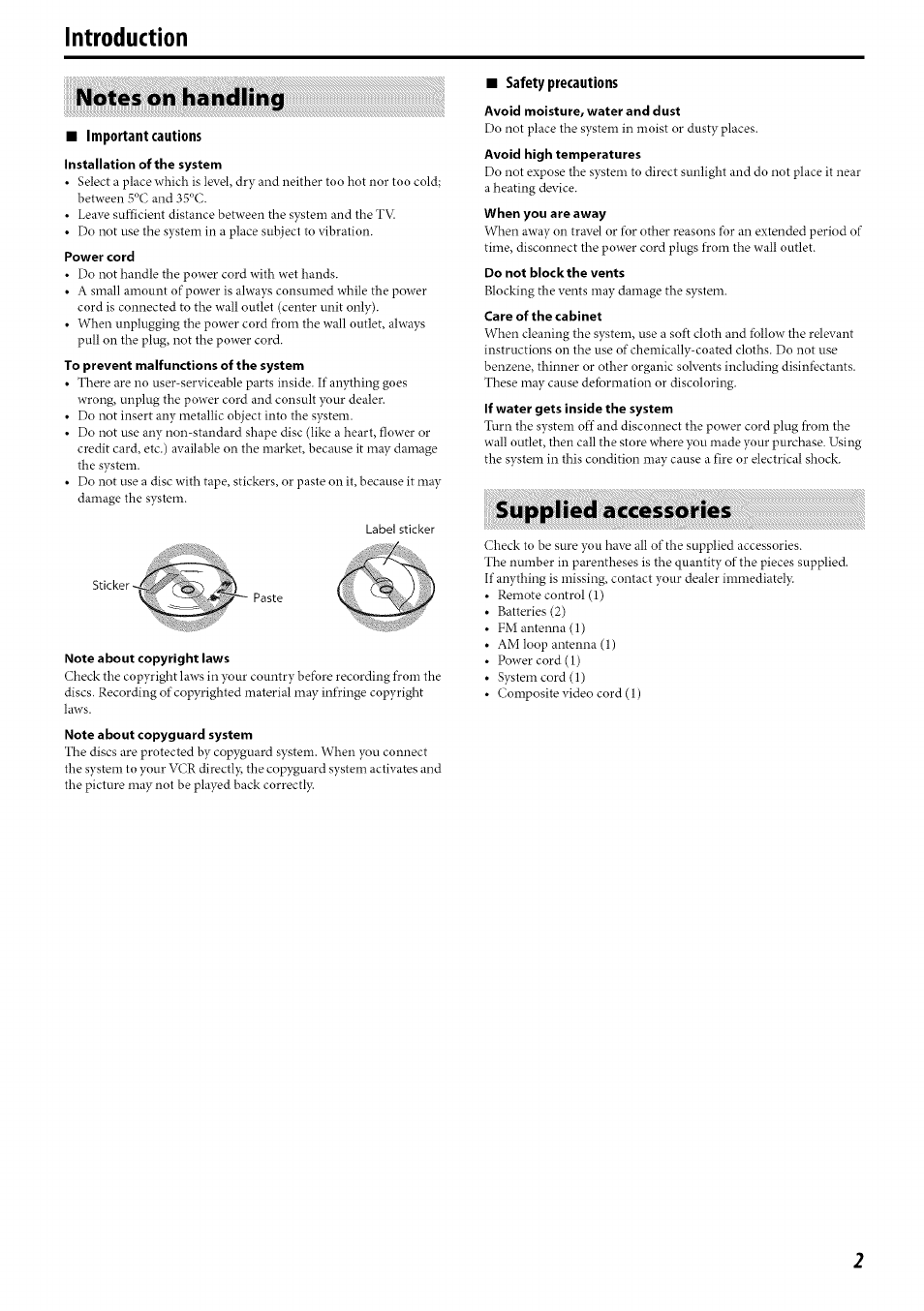 Introduction, Notes on handling, Supplied accessories | JVC TH-C30 User Manual | Page 5 / 46