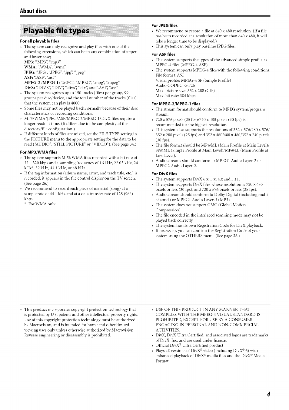 Playable file types, About discs | JVC TH-C30 User Manual | Page 7 / 46