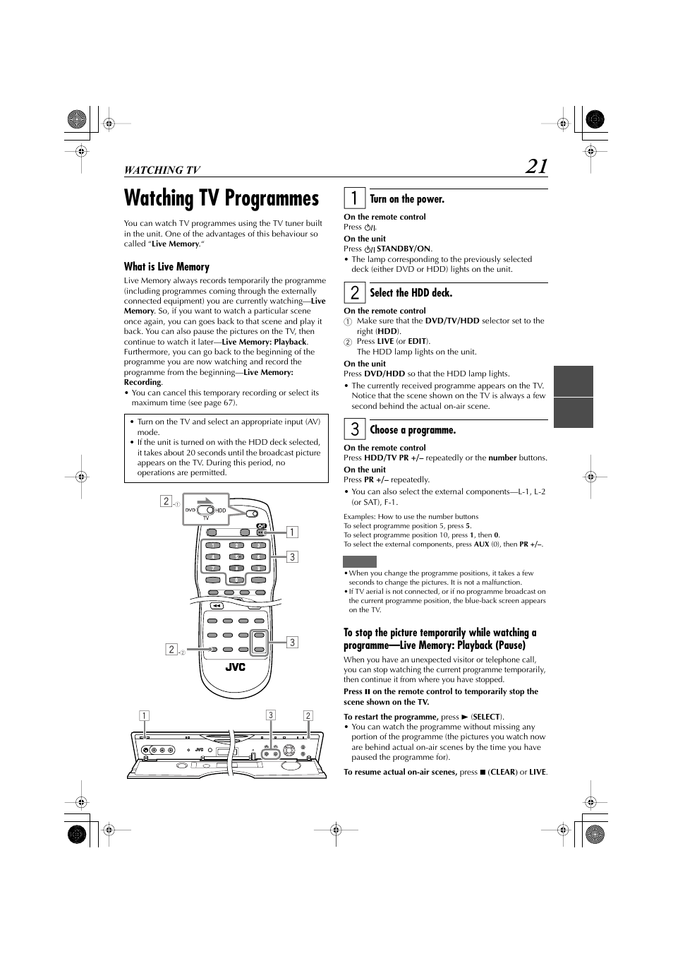Watching tv, Watching tv programmes | JVC LET0239-001A User Manual | Page 21 / 96