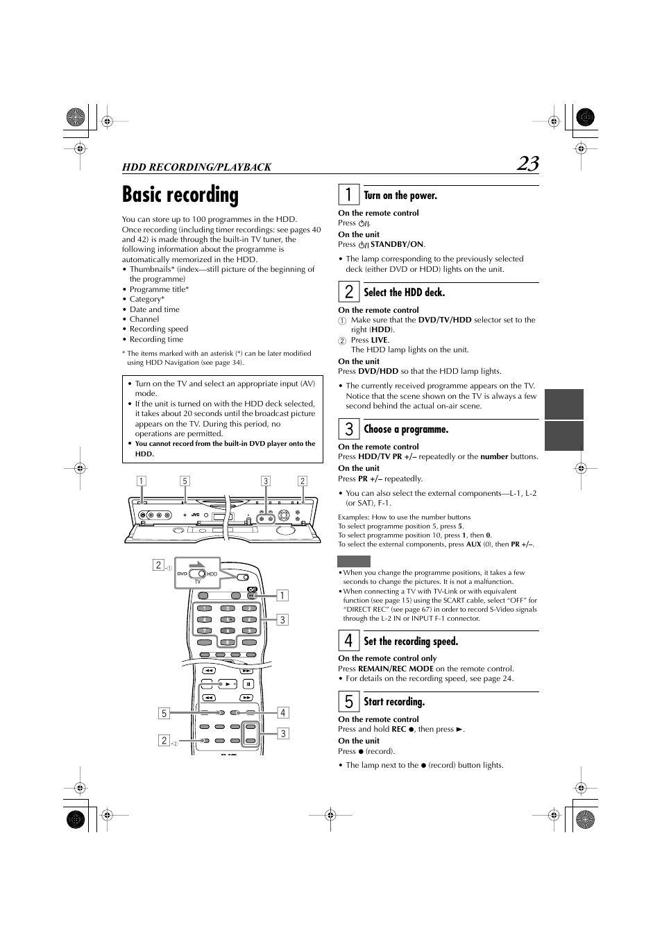 Hdd recording/playback, Basic recording | JVC LET0239-001A User Manual | Page 23 / 96