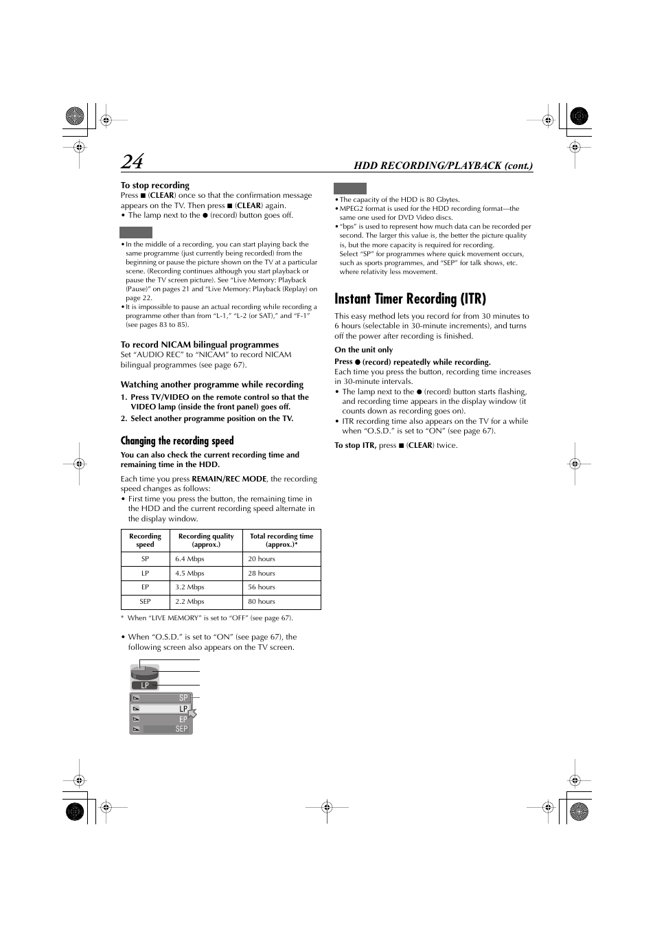 Instant timer recording (itr), Hdd recording/playback (cont.), Changing the recording speed | JVC LET0239-001A User Manual | Page 24 / 96