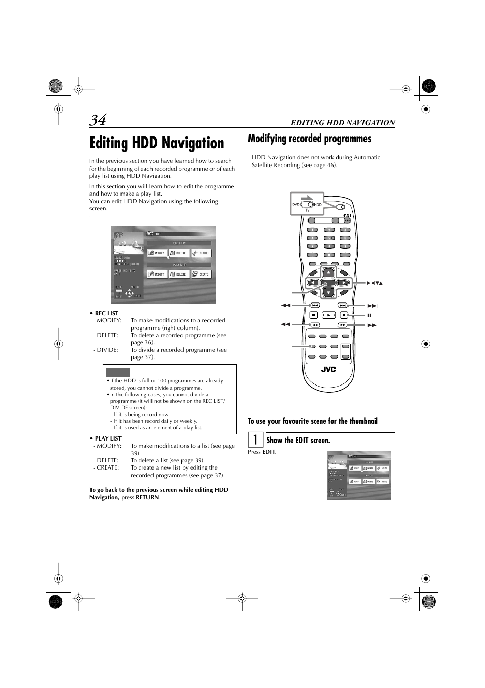 Editing hdd navigation, Modifying recorded programmes | JVC LET0239-001A User Manual | Page 34 / 96