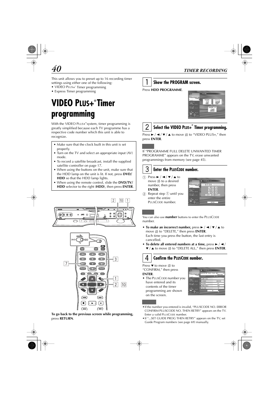 Timer recording, Video plus+ timer programing, Video p | Timer programming, 1 7 2 – p 3 | JVC LET0239-001A User Manual | Page 40 / 96