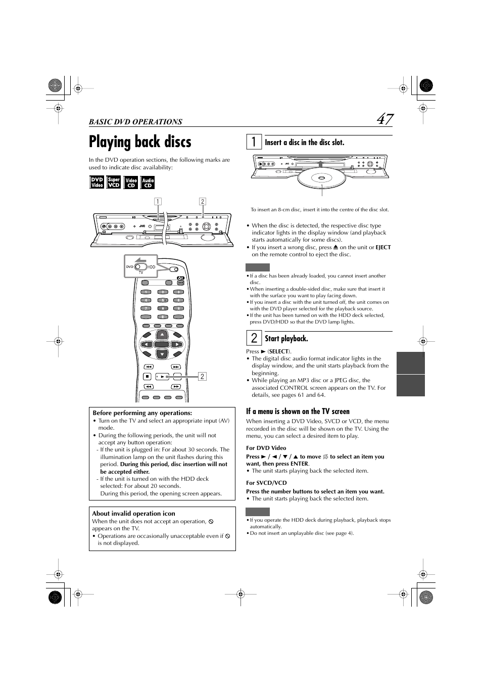 Basic dvd operations, Playing back discs | JVC LET0239-001A User Manual | Page 47 / 96