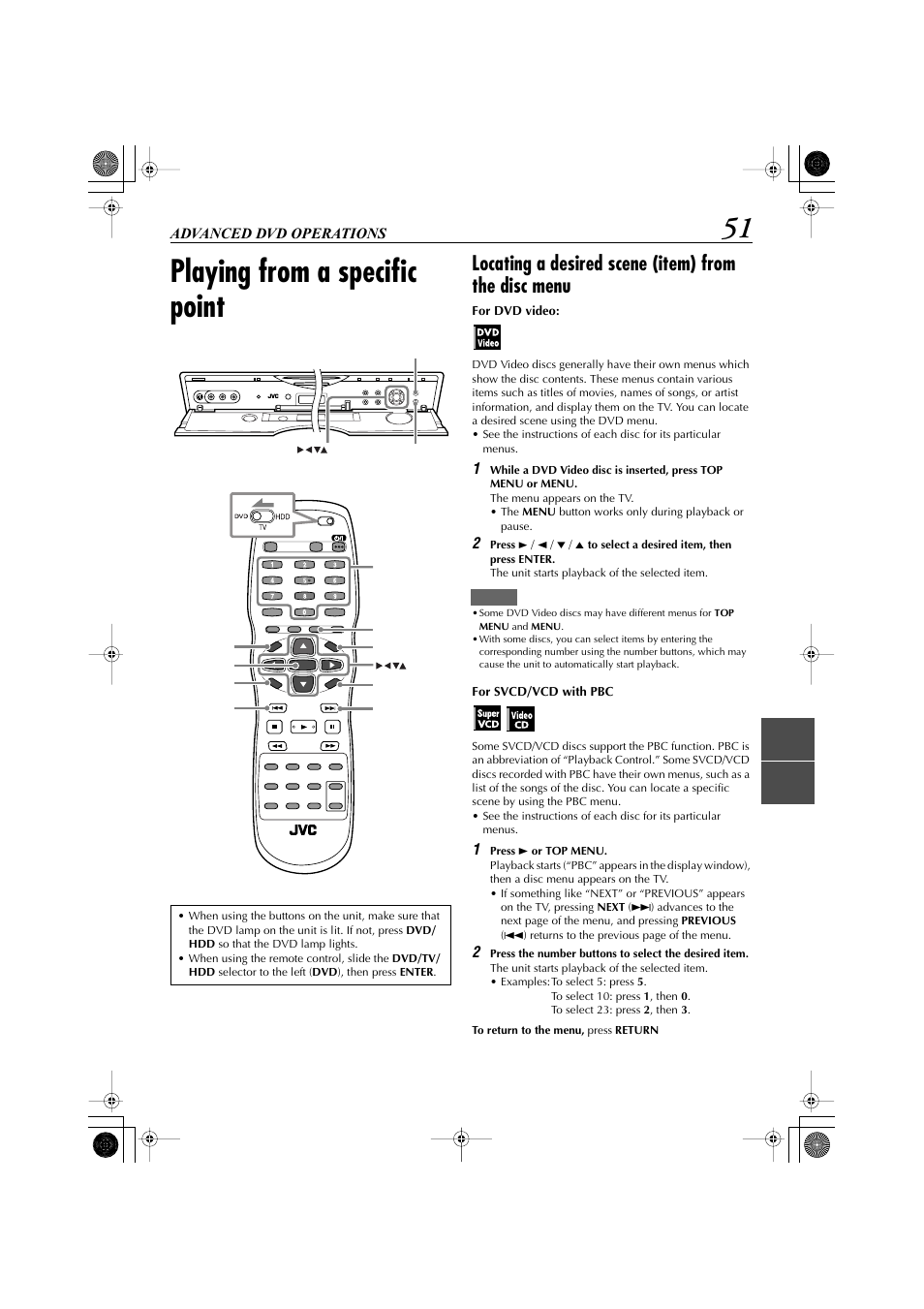 Advanced dvd operations, Playing from a specific point, Locating a desired scene (item) from the disc menu | JVC LET0239-001A User Manual | Page 51 / 96