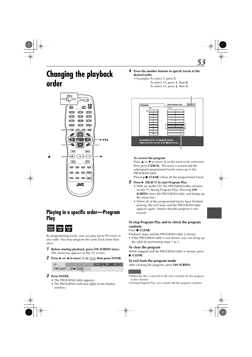 Changing the playback order, Playing in a specific order—program play | JVC LET0239-001A User Manual | Page 53 / 96