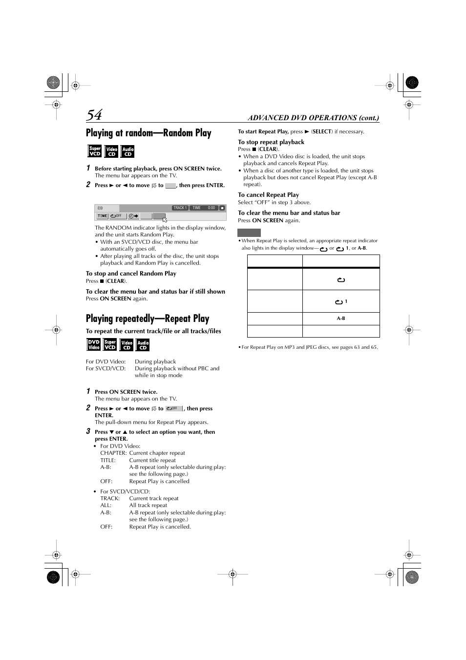 Playing at random—random play, Playing repeatedly—repeat play, Advanced dvd operations (cont.) | JVC LET0239-001A User Manual | Page 54 / 96