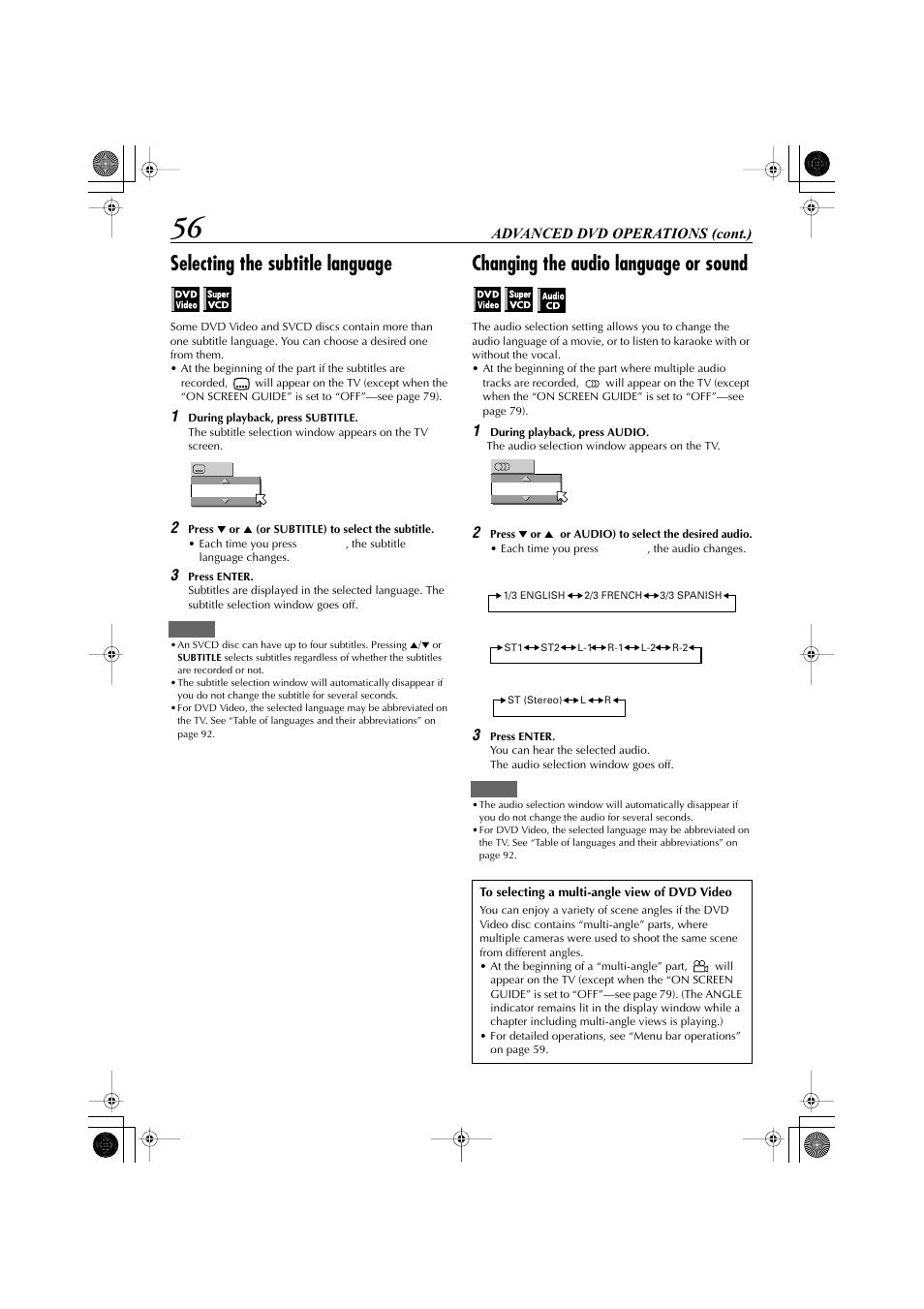 Selecting the subtitle language, Changing the audio language or sound | JVC LET0239-001A User Manual | Page 56 / 96