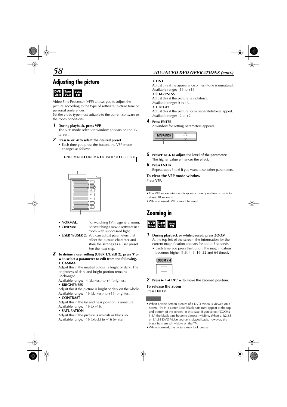 Adjusting the picture, Zooming in, Advanced dvd operations (cont.) | JVC LET0239-001A User Manual | Page 58 / 96