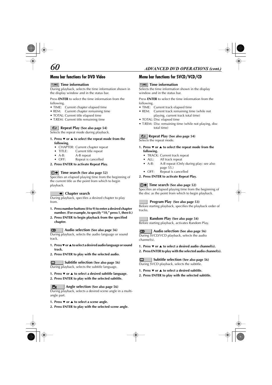 Menu bar functions for svcd/vcd/cd | JVC LET0239-001A User Manual | Page 60 / 96