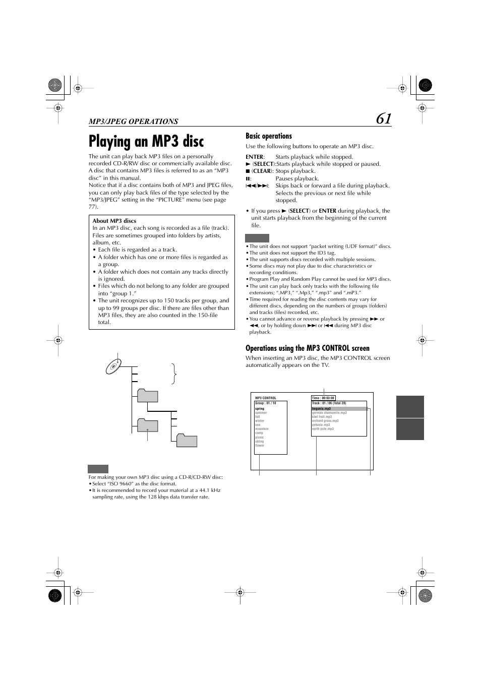 Mp3/jpeg operations, Playing an mp3 disc, Basic operations | Operations using the mp3 control screen | JVC LET0239-001A User Manual | Page 61 / 96
