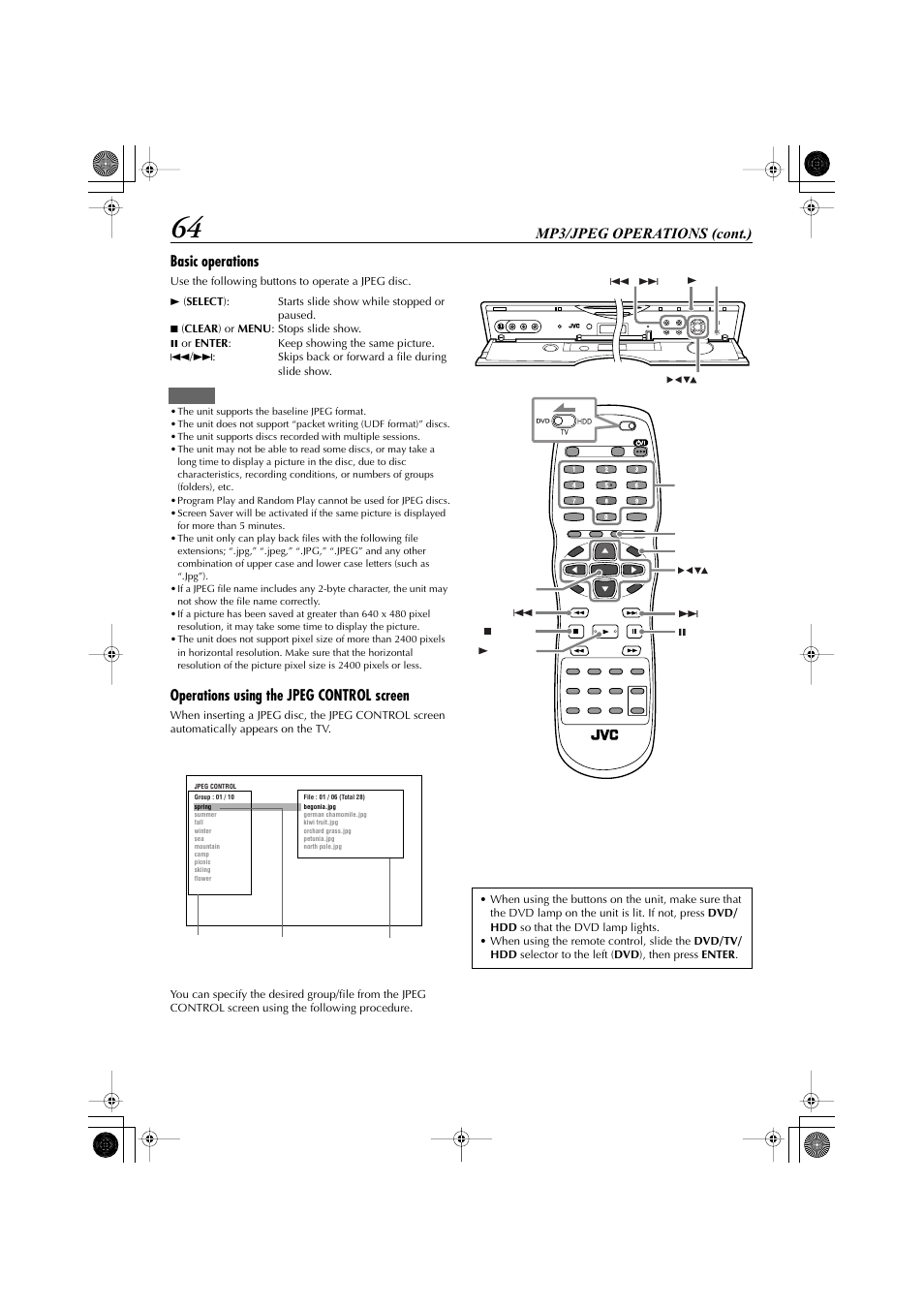 Mp3/jpeg operations (cont.) basic operations, Operations using the jpeg control screen | JVC LET0239-001A User Manual | Page 64 / 96