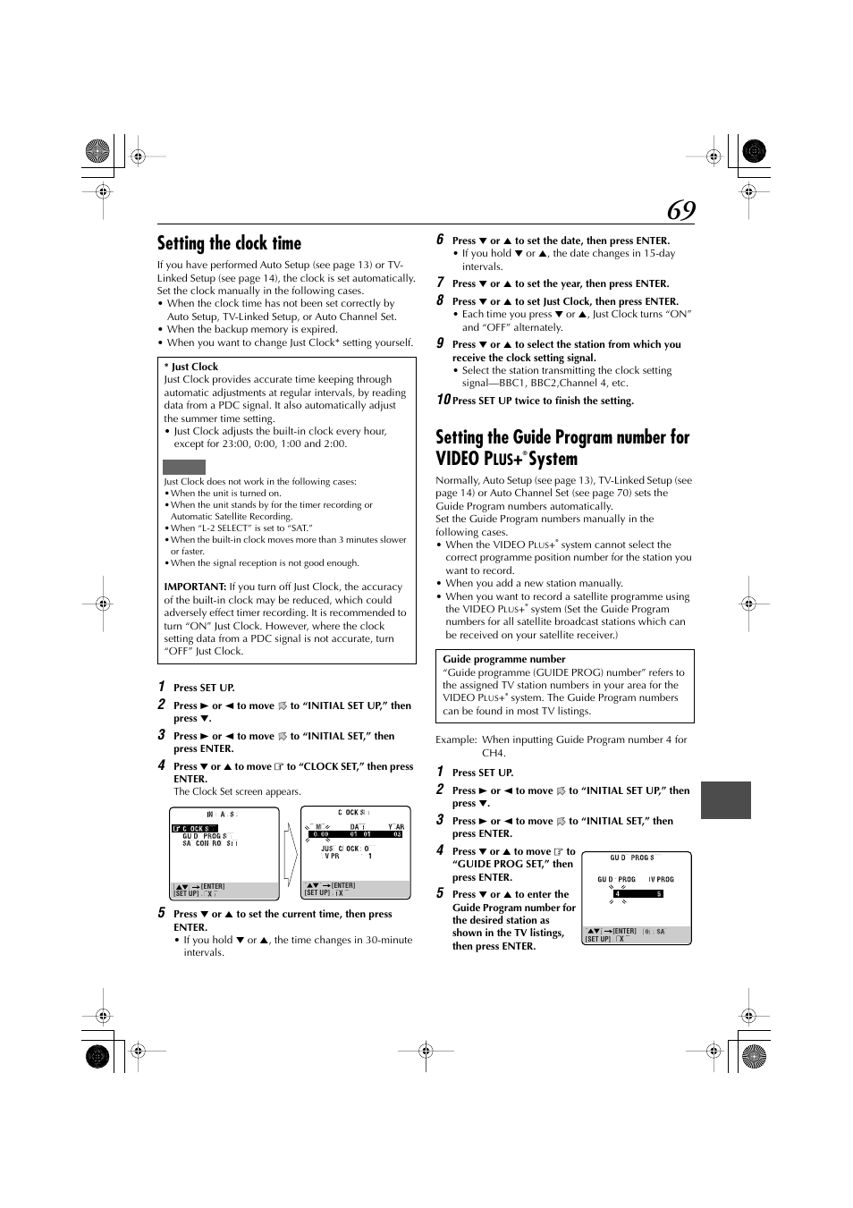 Setting the clock time, Setting the guide program number for video p, System | JVC LET0239-001A User Manual | Page 69 / 96