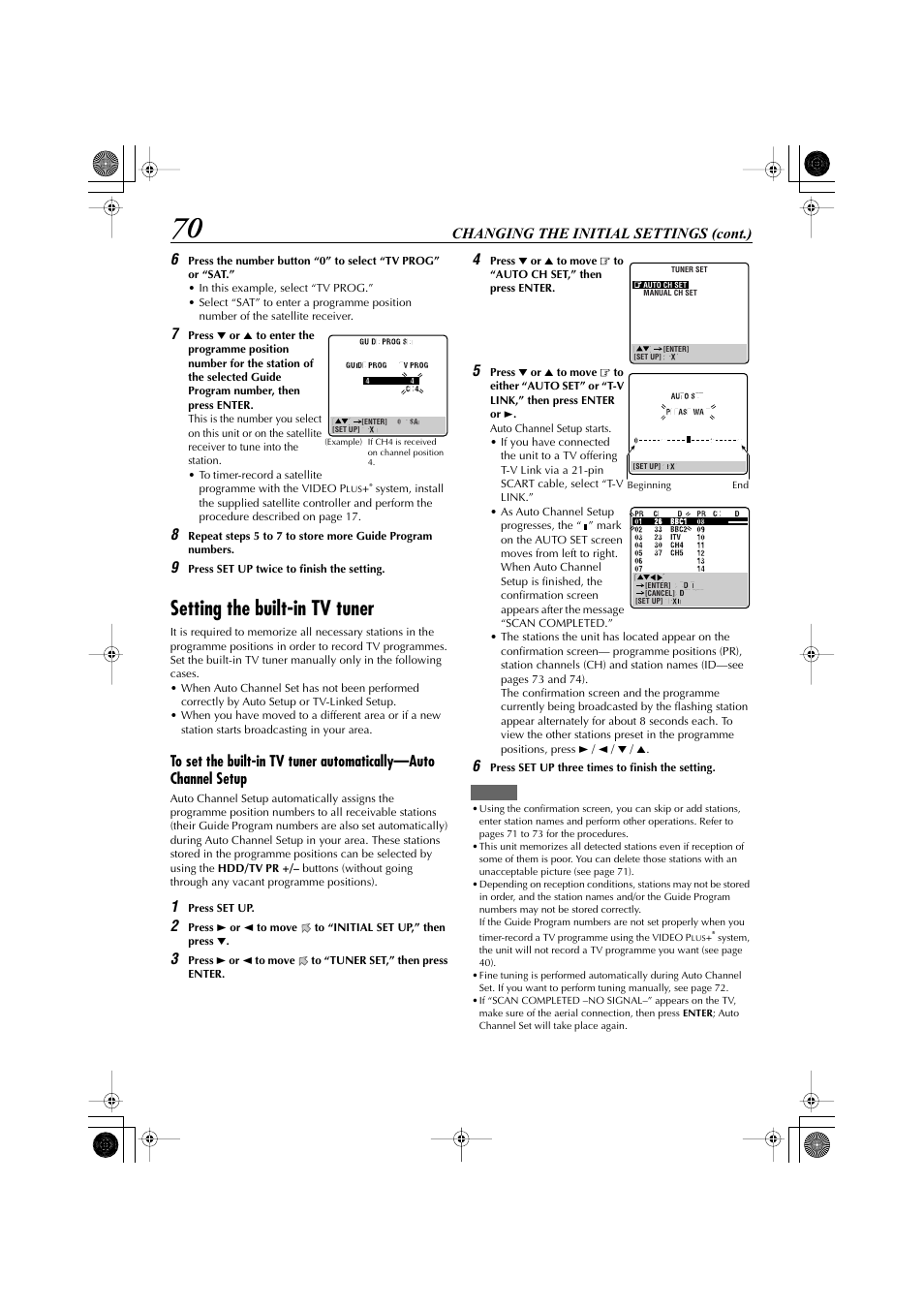 Setting the built-in tv tuner, Changing the initial settings (cont.) | JVC LET0239-001A User Manual | Page 70 / 96