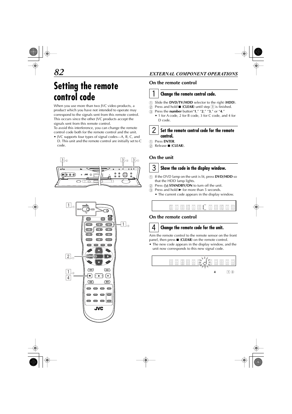 External component operations, Setting the remote control code | JVC LET0239-001A User Manual | Page 82 / 96