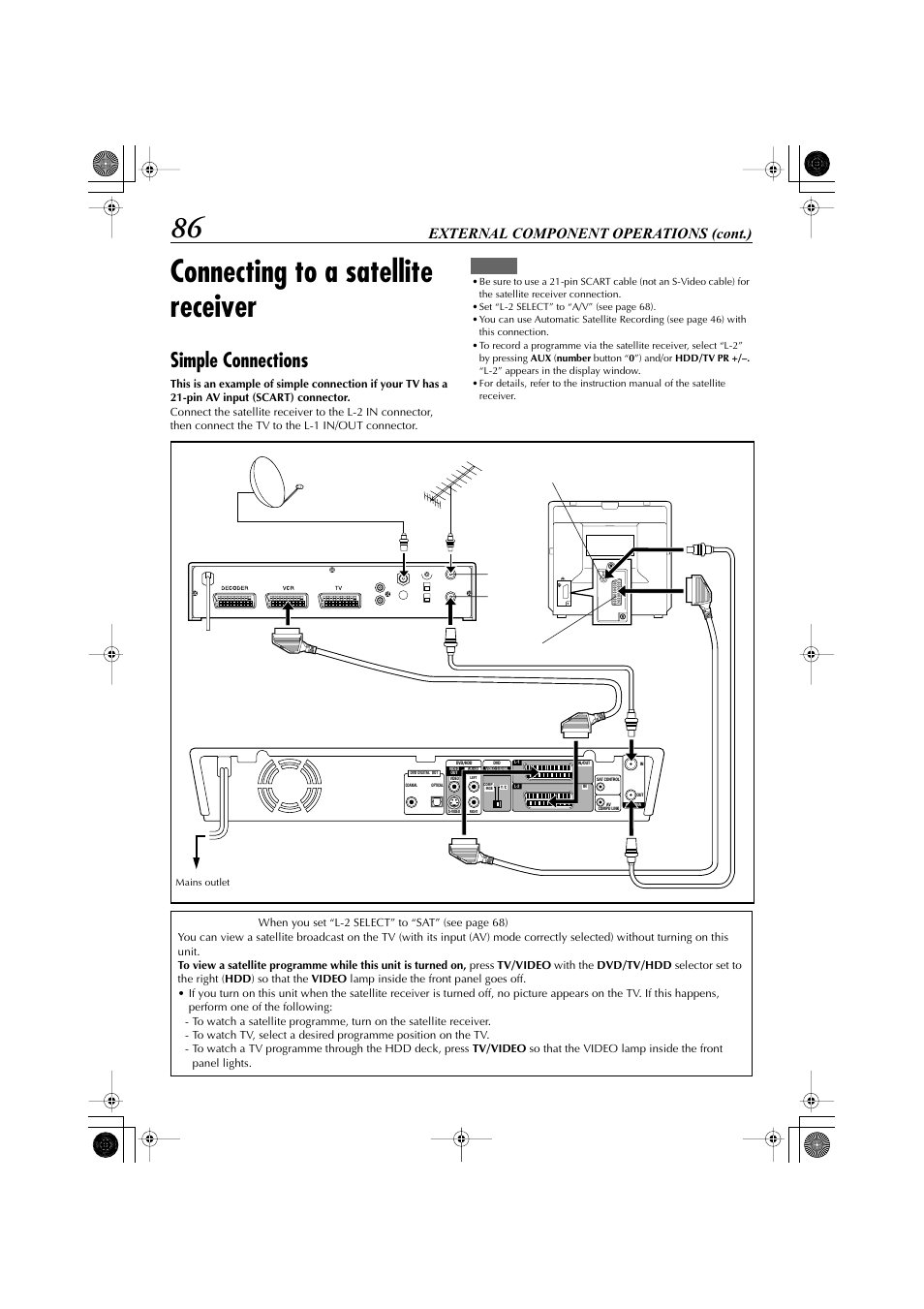 Connecting to a satellite receiver, Simple connections, External component operations (cont.) | JVC LET0239-001A User Manual | Page 86 / 96