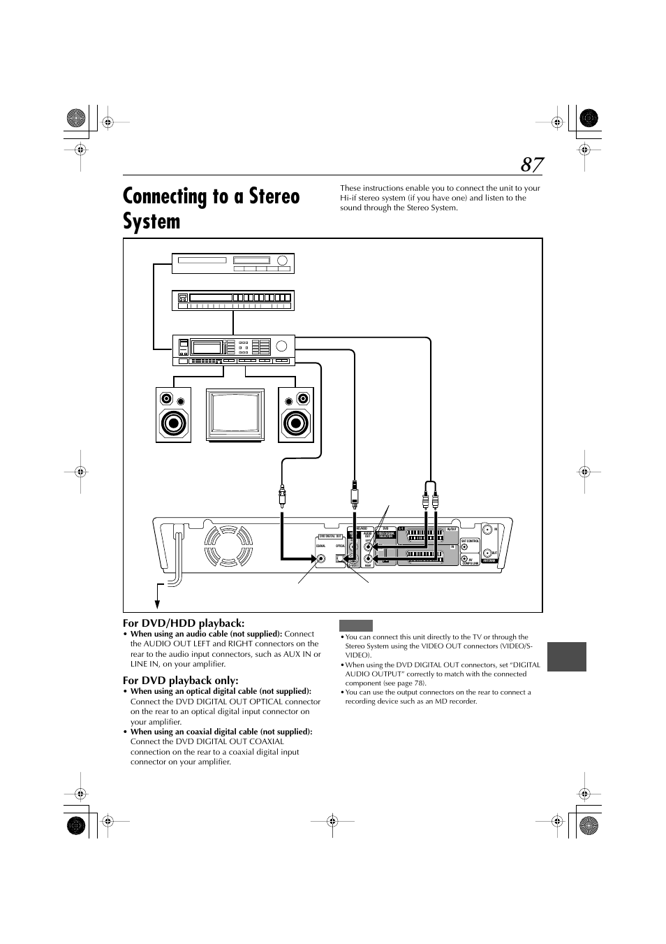 Connecting to a stereo system, For dvd/hdd playback, For dvd playback only | JVC LET0239-001A User Manual | Page 87 / 96