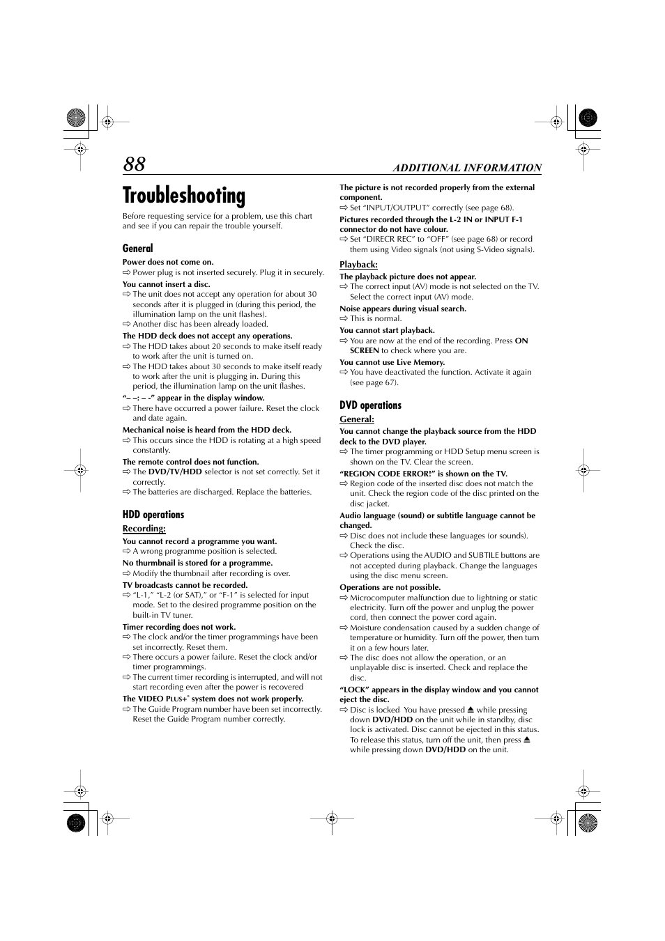 Additional information, Troubleshooting, General | Hdd operations, Dvd operations | JVC LET0239-001A User Manual | Page 88 / 96