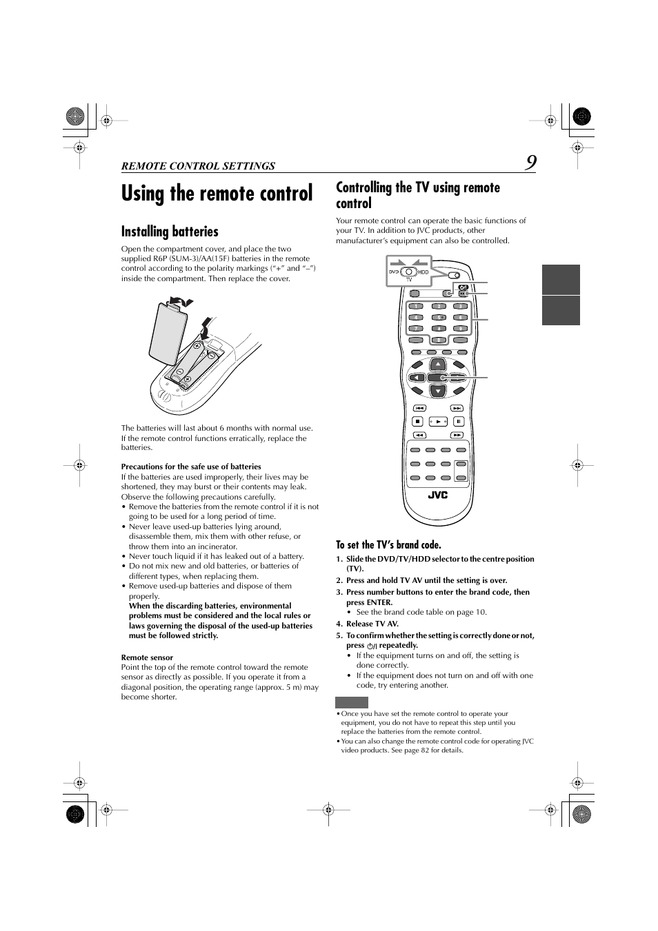 Remote control settings, Using the remote control, Installing batteries | Controlling the tv using remote control | JVC LET0239-001A User Manual | Page 9 / 96