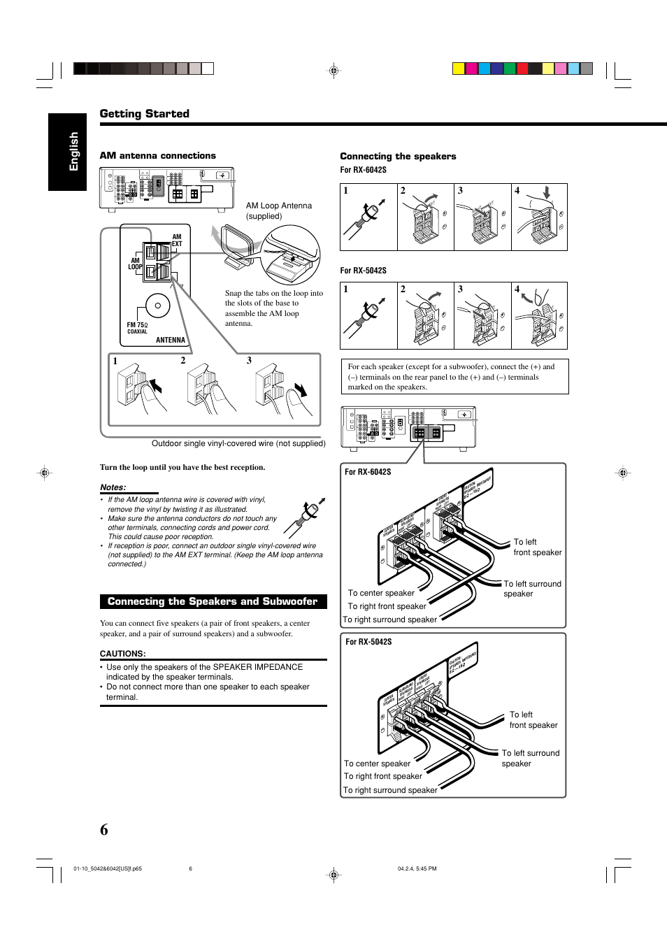 English, Getting started, Connecting the speakers and subwoofer | Am antenna connections, Connecting the speakers | JVC LVT1140-004A User Manual | Page 10 / 43