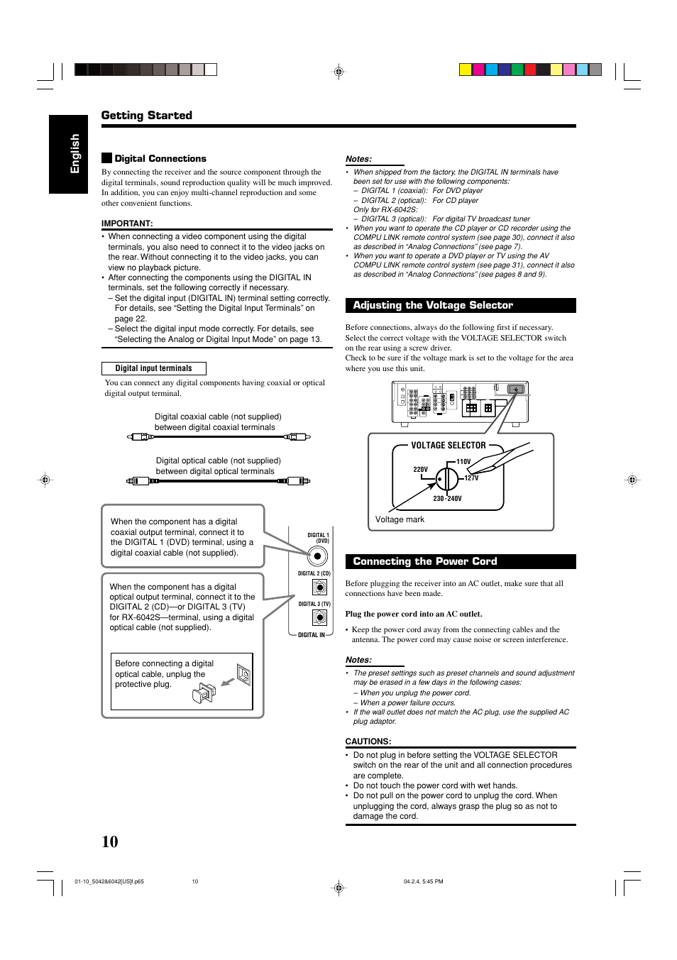 English, Getting started, Adjusting the voltage selector | Connecting the power cord | JVC LVT1140-004A User Manual | Page 14 / 43