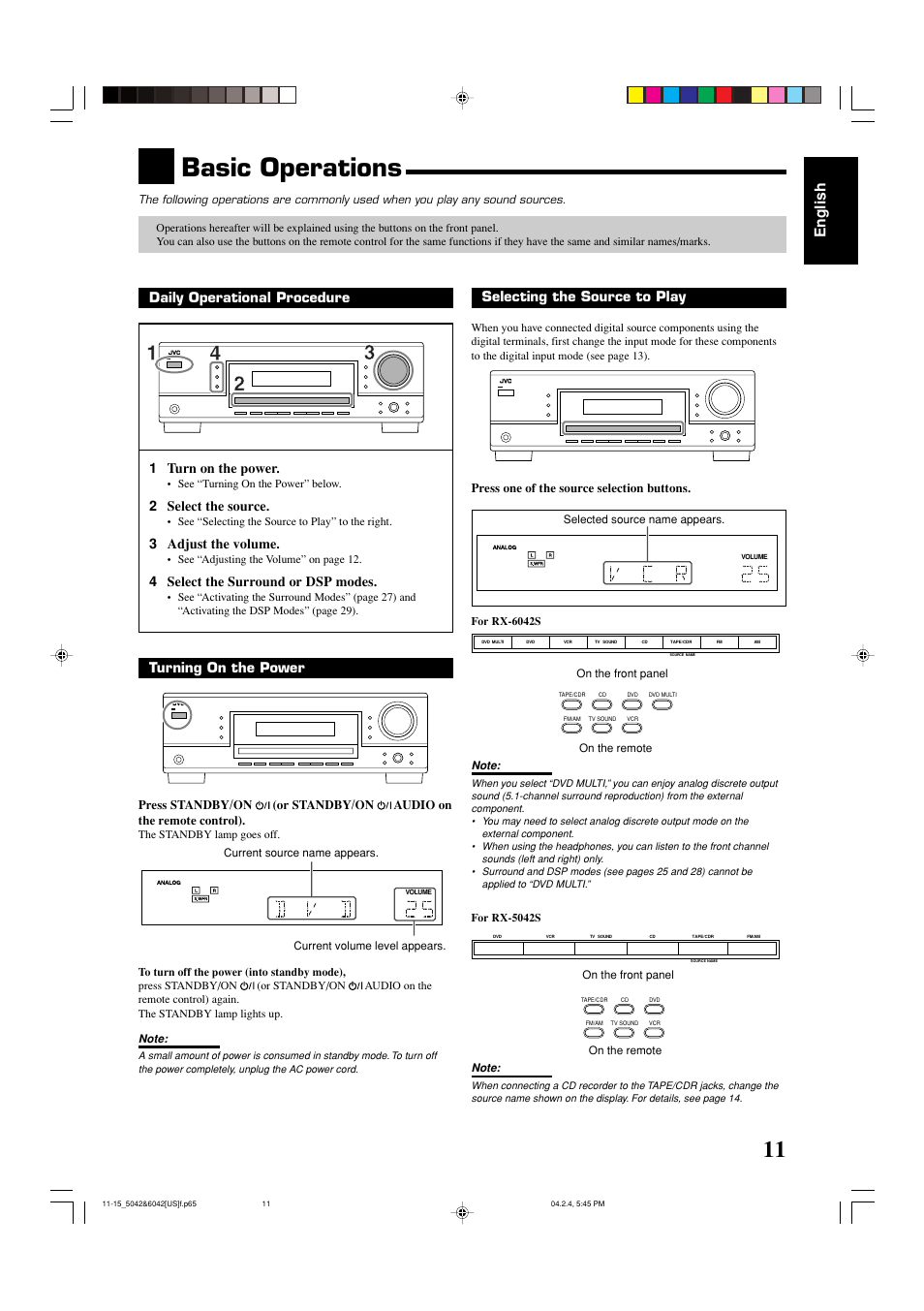 Basic operations, English, Selecting the source to play | Daily operational procedure 1 turn on the power, 2 select the source, 3 adjust the volume, 4 select the surround or dsp modes, Turning on the power, Press one of the source selection buttons | JVC LVT1140-004A User Manual | Page 15 / 43