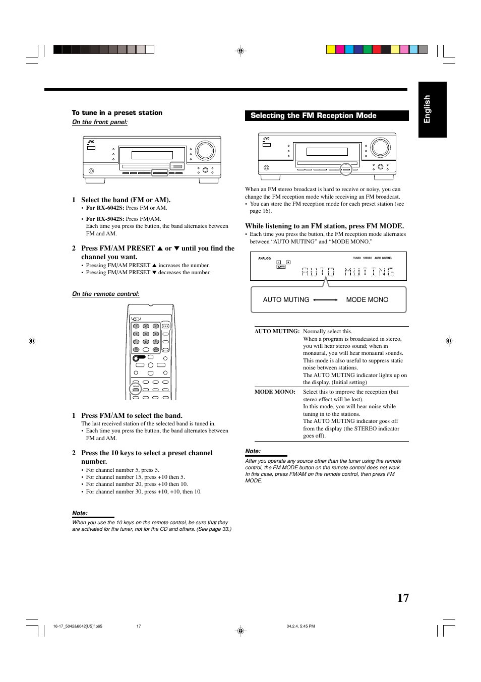 English, 1 select the band (fm or am), 1 press fm/am to select the band | Selecting the fm reception mode, While listening to an fm station, press fm mode | JVC LVT1140-004A User Manual | Page 21 / 43