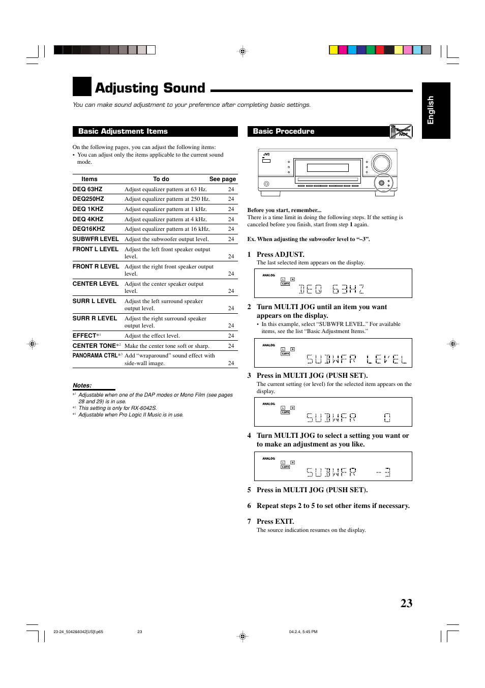 Adjusting sound, English | JVC LVT1140-004A User Manual | Page 27 / 43