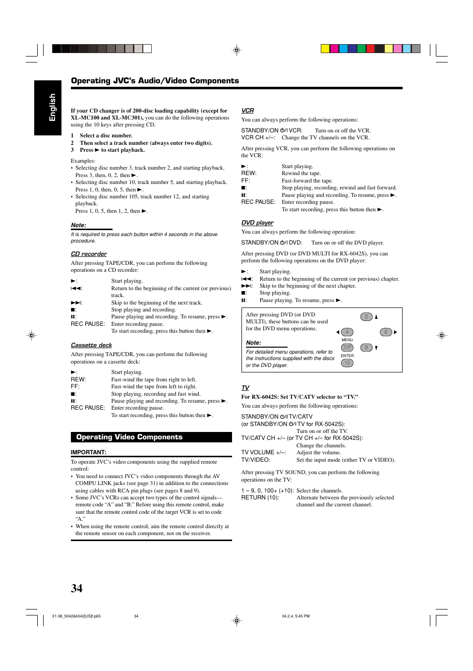 English, Operating jvc’s audio/video components | JVC LVT1140-004A User Manual | Page 38 / 43
