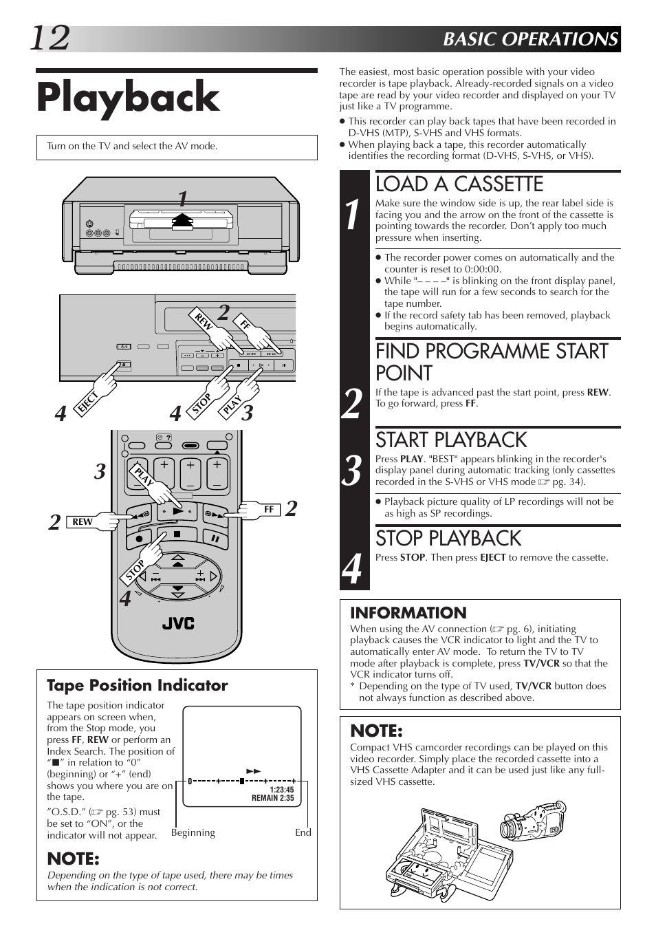 Playback, Load a cassette, Find programme start point | Start playback, Stop playback, Basic operations | JVC HM-DR10000EK User Manual | Page 12 / 80