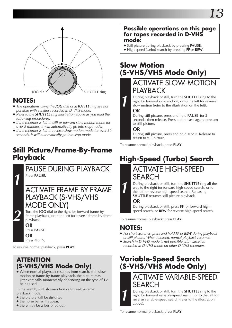 Activate slow-motion playback, Activate high-speed search, Pause during playback | Activate variable-speed search, Slow motion (s-vhs/vhs mode only), High-speed (turbo) search, Still picture/frame-by-frame playback, Variable-speed search (s-vhs/vhs mode only), Attention (s-vhs/vhs mode only) | JVC HM-DR10000EK User Manual | Page 13 / 80