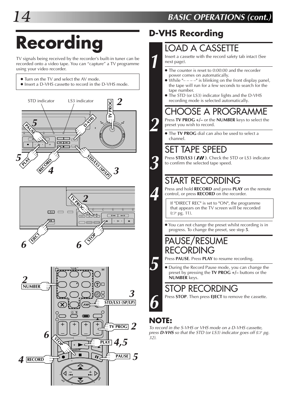 Recording, Load a cassette, Choose a programme | Set tape speed, Start recording, Pause/resume recording, Stop recording, Basic operations (cont.), D-vhs recording | JVC HM-DR10000EK User Manual | Page 14 / 80
