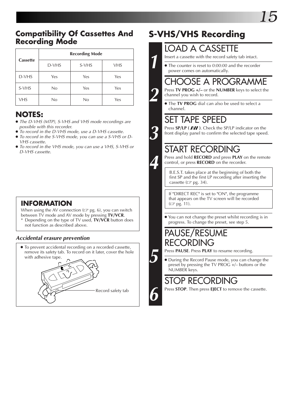 Load a cassette, Choose a programme, Set tape speed | Start recording, Pause/resume recording, Stop recording, S-vhs/vhs recording | JVC HM-DR10000EK User Manual | Page 15 / 80