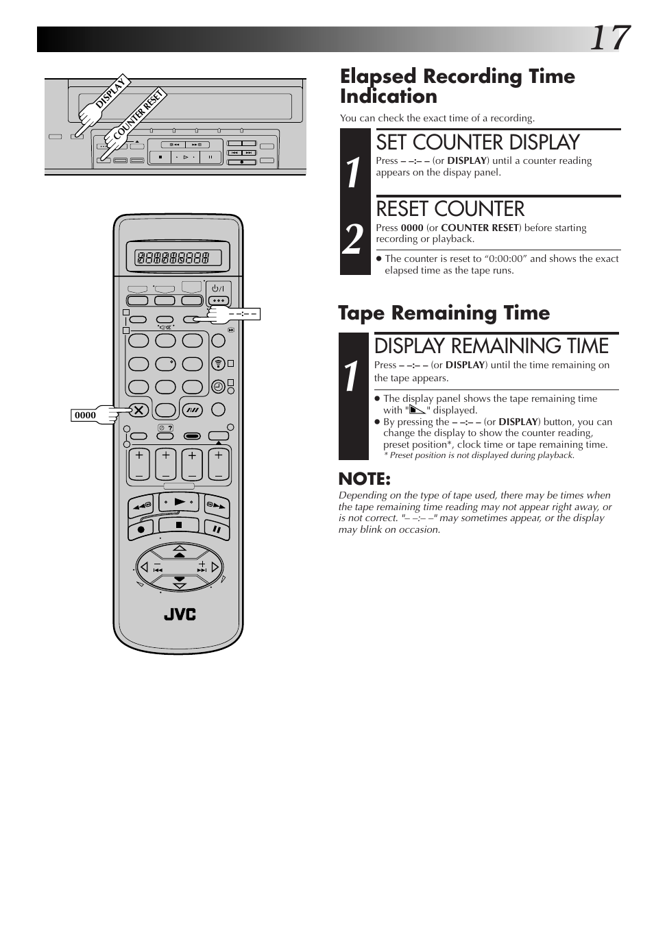 Display remaining time, Set counter display, Reset counter | Tape remaining time, Elapsed recording time indication | JVC HM-DR10000EK User Manual | Page 17 / 80