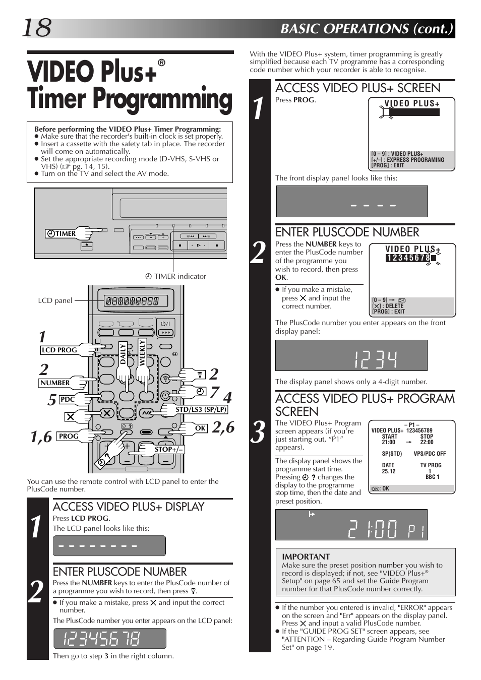 Video plus, Timer programming, Basic operations (cont.) | Access video plus+ screen, Access video plus+ program screen, Access video plus+ display, Enter pluscode number | JVC HM-DR10000EK User Manual | Page 18 / 80