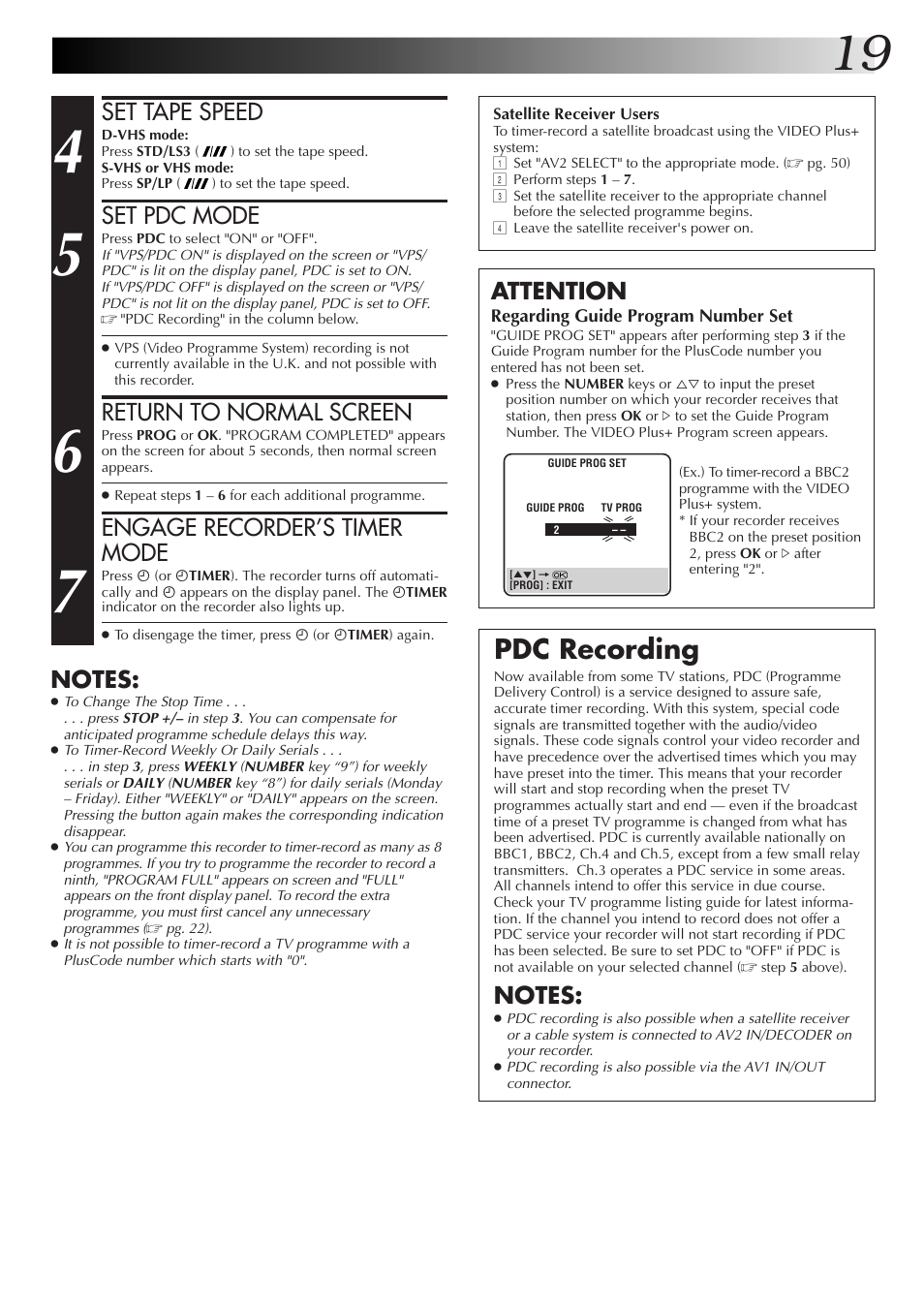 Pdc recording, Set tape speed, Set pdc mode | Return to normal screen, Engage recorder’s timer mode, Attention | JVC HM-DR10000EK User Manual | Page 19 / 80