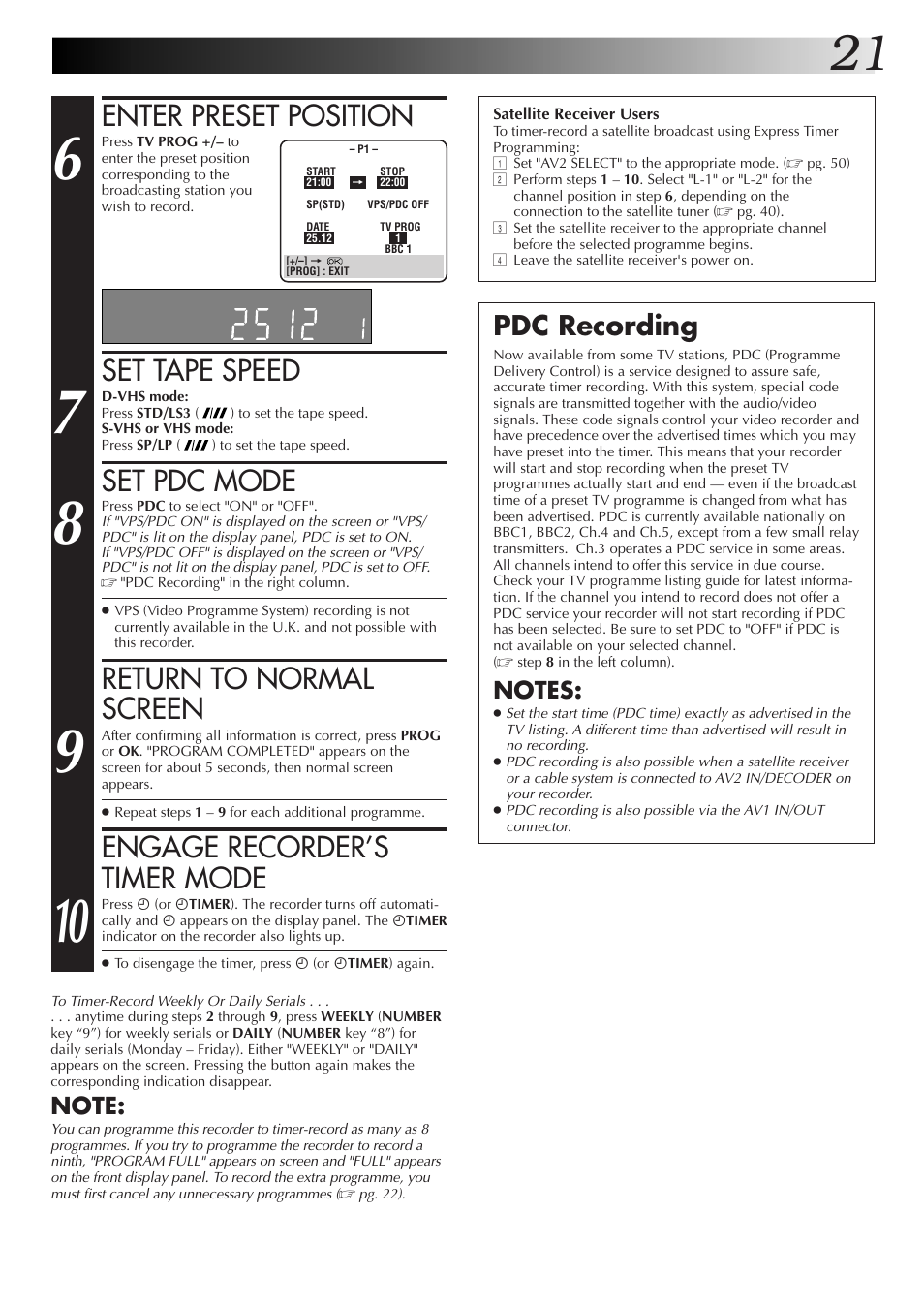 Enter preset position, Set tape speed, Set pdc mode | Return to normal screen, Engage recorder’s timer mode, Pdc recording | JVC HM-DR10000EK User Manual | Page 21 / 80