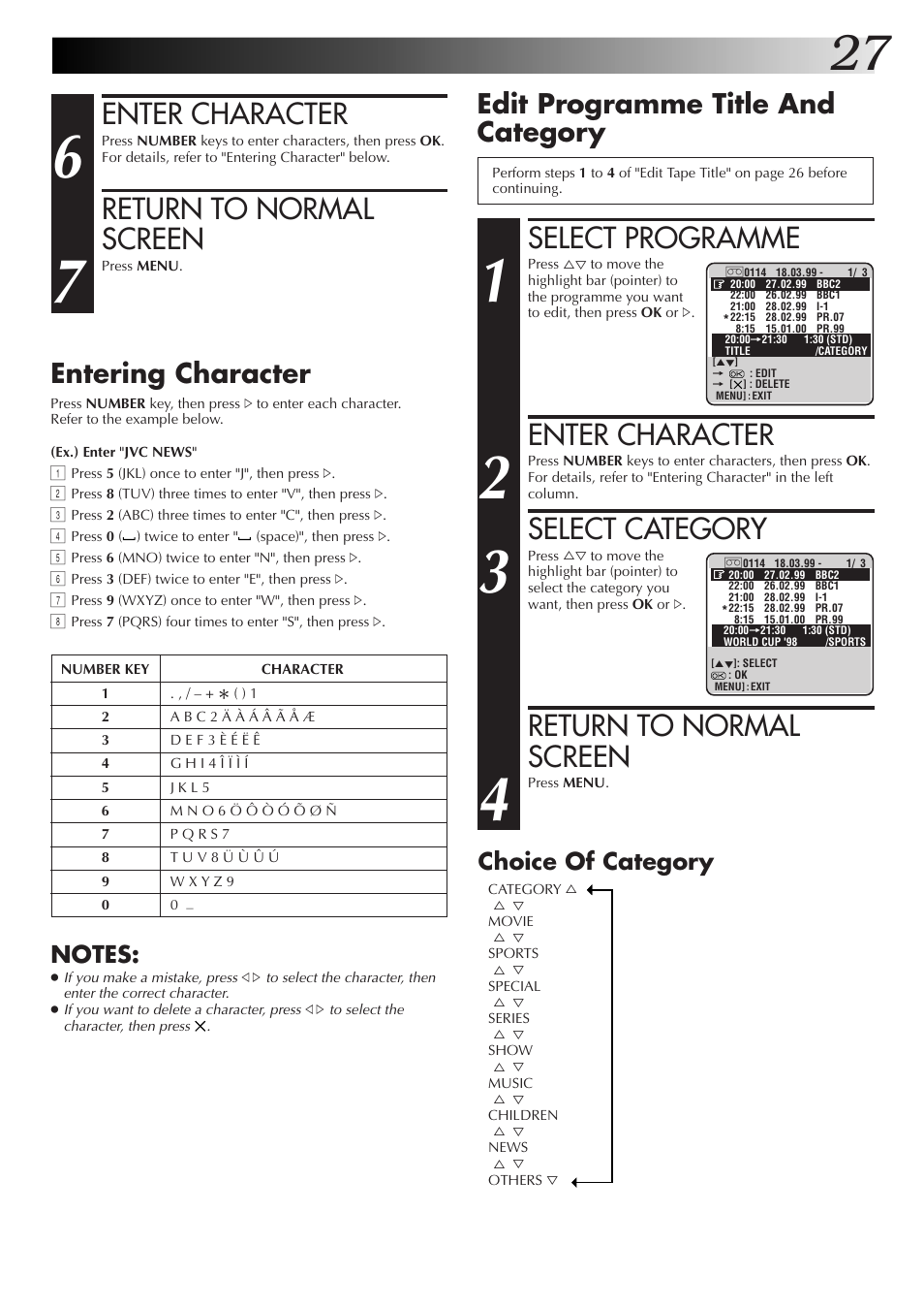 Select programme, Enter character, Select category | Return to normal screen, Edit programme title and category, Entering character, Choice of category | JVC HM-DR10000EK User Manual | Page 27 / 80