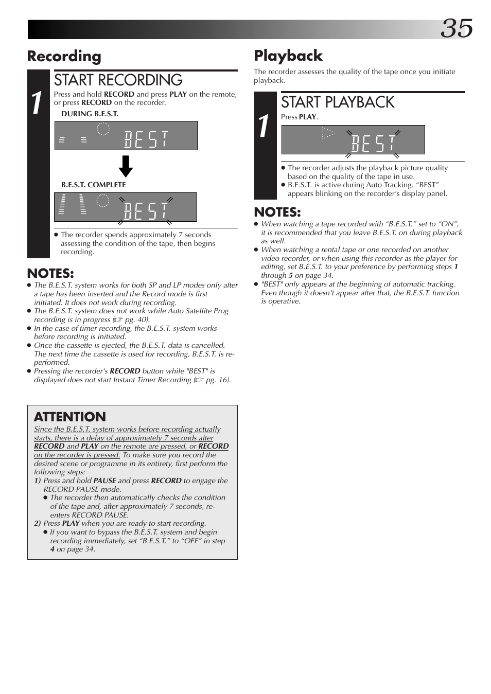 Start recording, Start playback, Recording | Playback, Attention | JVC HM-DR10000EK User Manual | Page 35 / 80