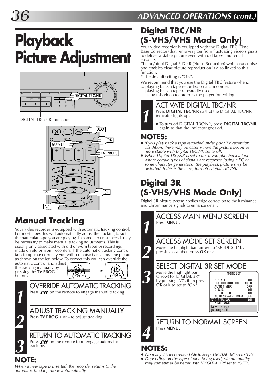 Playback picture adjustment, Advanced operations (cont.), Manual tracking | Digital 3r (s-vhs/vhs mode only), Digital tbc/nr (s-vhs/vhs mode only), Override automatic tracking, Adjust tracking manually, Return to automatic tracking, Access main menu screen, Access mode set screen | JVC HM-DR10000EK User Manual | Page 36 / 80