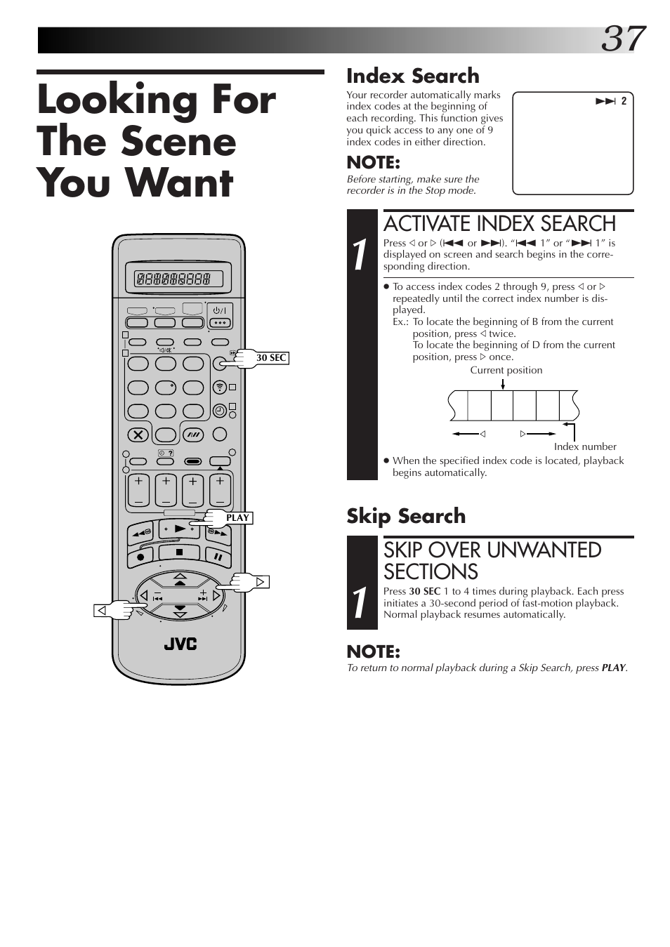 Looking for the scene you want, Activate index search, Index search | Skip search | JVC HM-DR10000EK User Manual | Page 37 / 80