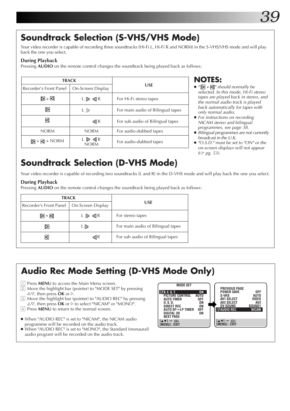 Soundtrack selection (s-vhs/vhs mode), Soundtrack selection (d-vhs mode), Audio rec mode setting (d-vhs mode only) | JVC HM-DR10000EK User Manual | Page 39 / 80