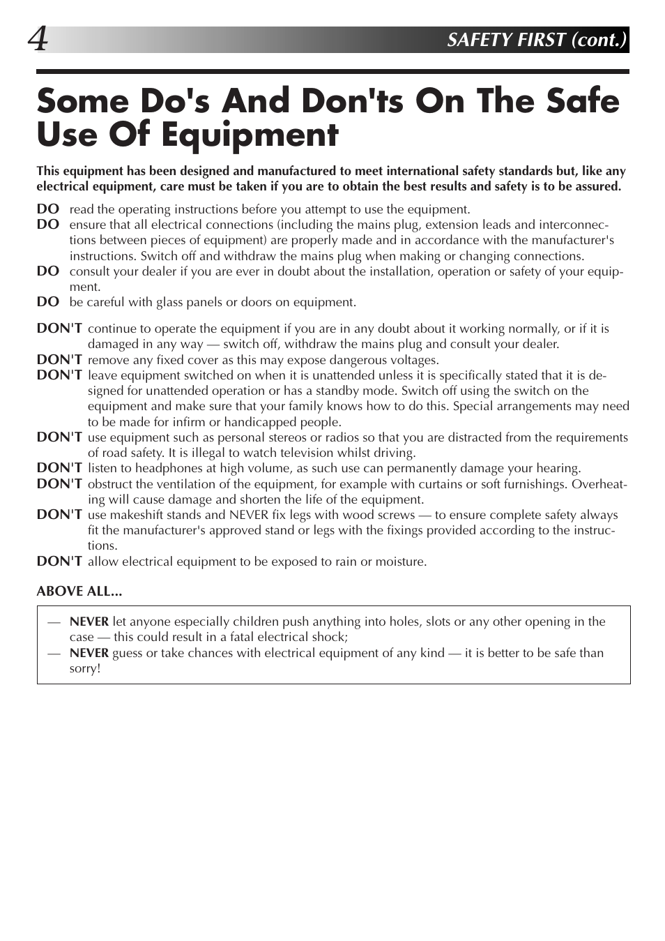 Some do's and don'ts on the safe use of equipment, Safety first (cont.) | JVC HM-DR10000EK User Manual | Page 4 / 80