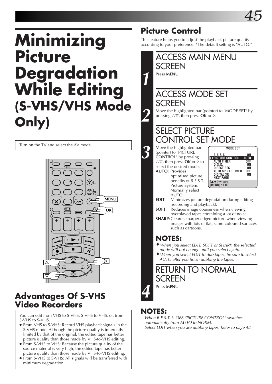Minimizing picture degradation while editing, S-vhs/vhs mode only), Access main menu screen | Access mode set screen, Select picture control set mode, Return to normal screen, Advantages of s-vhs video recorders, Picture control | JVC HM-DR10000EK User Manual | Page 45 / 80