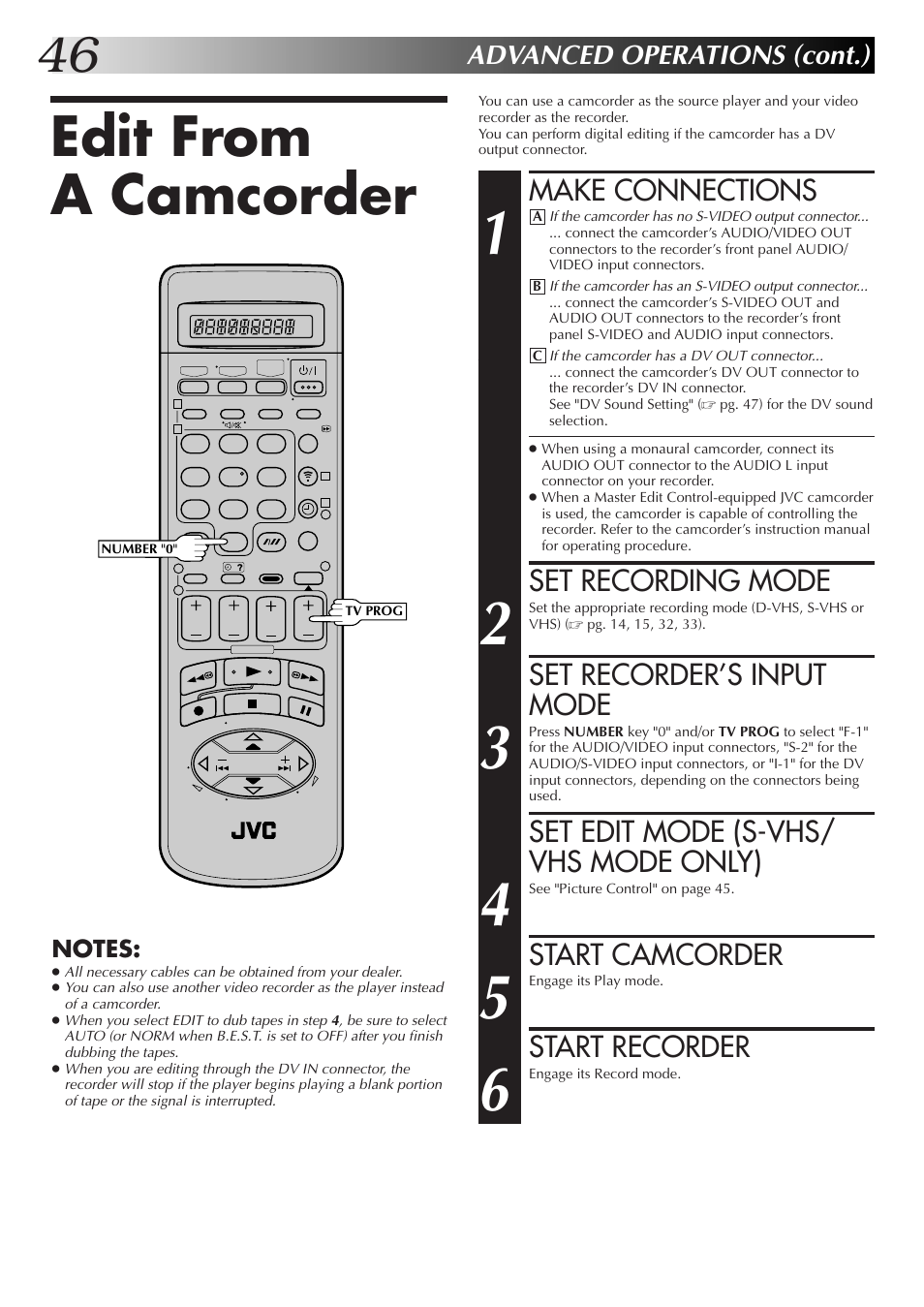 Edit from a camcorder, Make connections, Set recording mode | Set recorder’s input mode, Set edit mode (s-vhs/ vhs mode only), Start camcorder, Start recorder, Advanced operations (cont.) | JVC HM-DR10000EK User Manual | Page 46 / 80