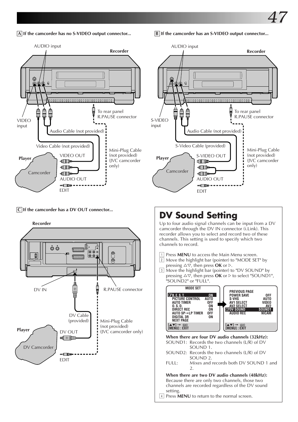 Dv sound setting | JVC HM-DR10000EK User Manual | Page 47 / 80