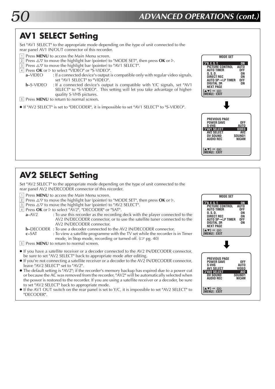 Advanced operations (cont.), Av2 select setting, Av1 select setting | JVC HM-DR10000EK User Manual | Page 50 / 80