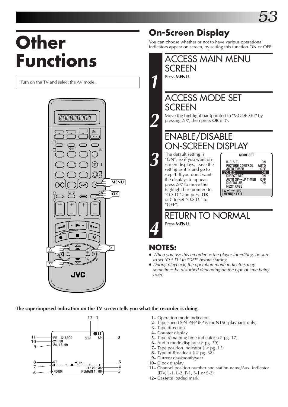 Other functions, Access main menu screen, Access mode set screen | Enable/disable on-screen display, Return to normal, On-screen display | JVC HM-DR10000EK User Manual | Page 53 / 80