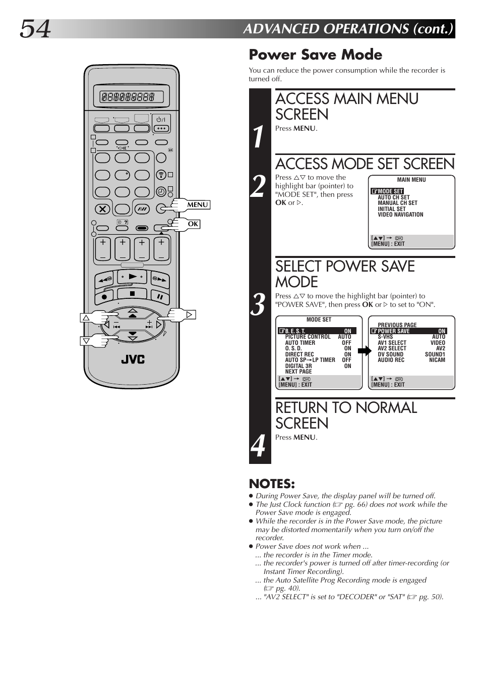 Access main menu screen, Access mode set screen, Select power save mode | Return to normal screen, Advanced operations (cont.), Power save mode | JVC HM-DR10000EK User Manual | Page 54 / 80